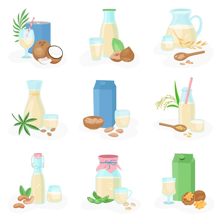 Vector Gratis vegan milk set of flat icons with packages and cups of grain milk on blank background vector illustration