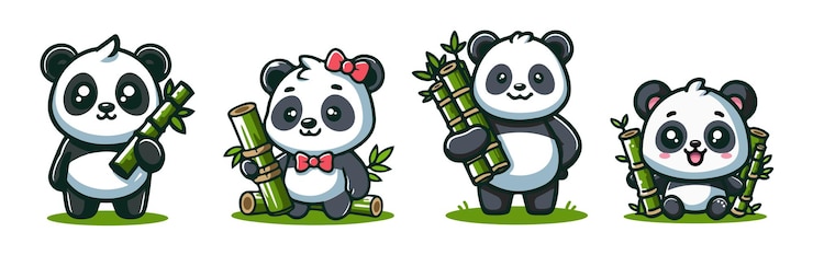 Vector Gratis vektor ilustrasi ikon gaya kartun datar koleksi bayi panda lucu dengan tongkat bambu