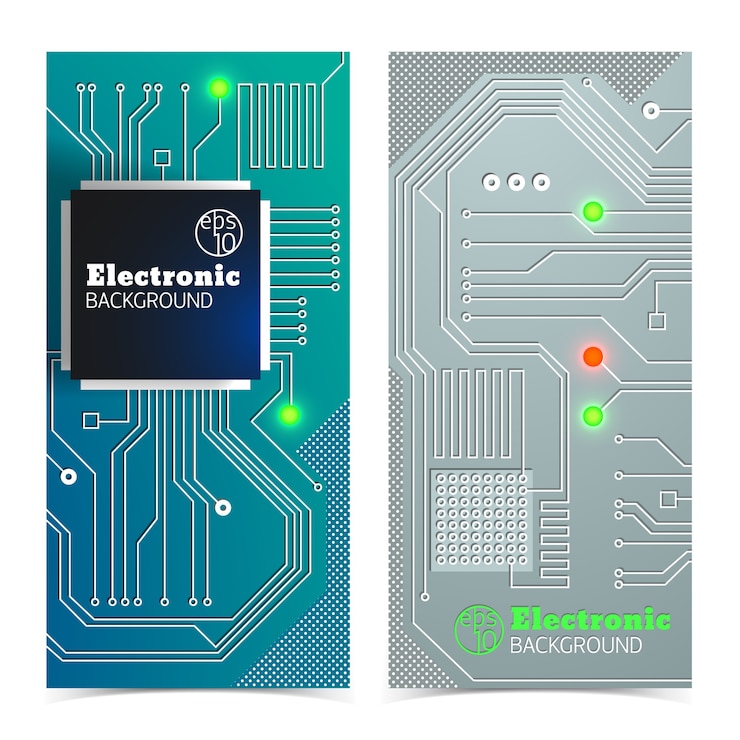Vector Gratis vertical electronic board banners set in grey and blue colors with bright lights isolated