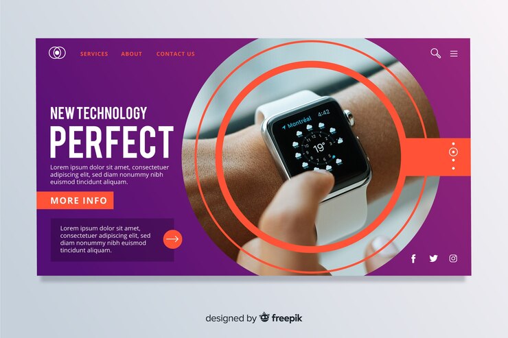 Vector Gratis vibrant geometric technology landing page with photo