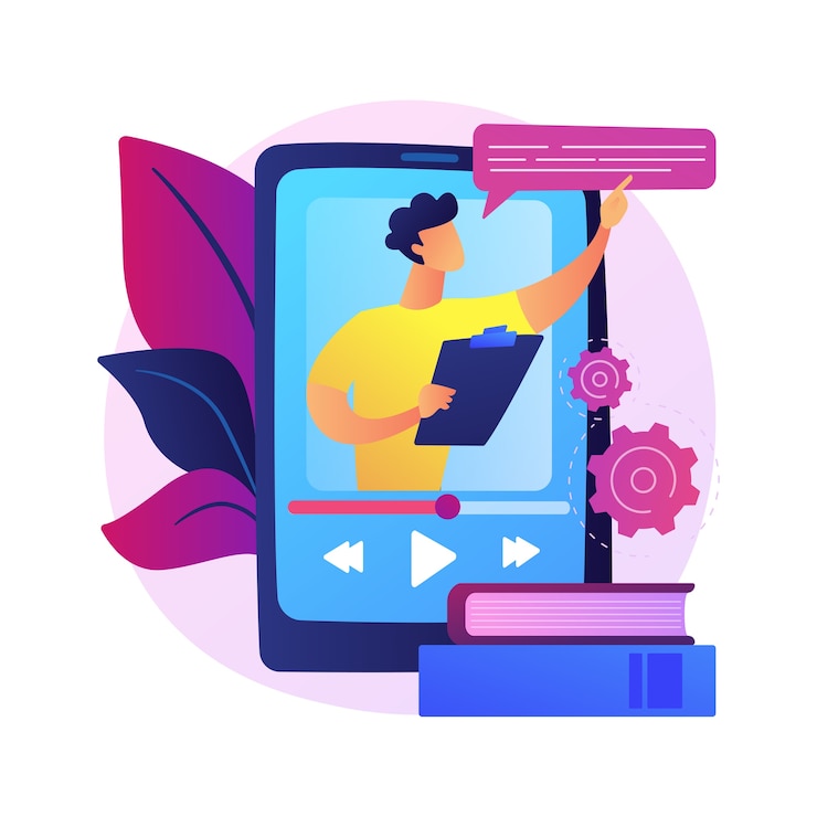 Vector Gratis video tutorial watching. online lecture, internet course, digital lesson. tutor cartoon character. video call, seminar, remote education.  