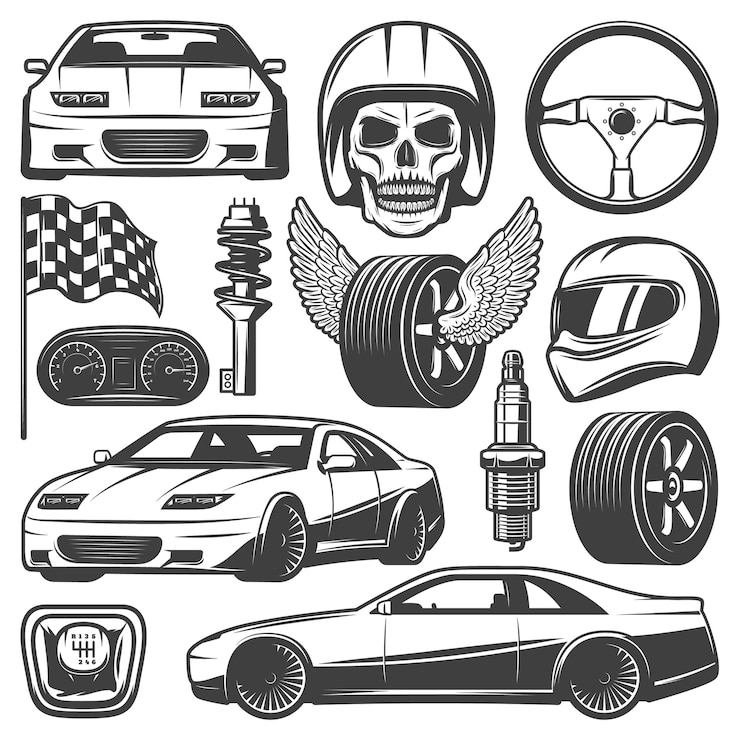 Vector Gratis vintage car racing icons set with automobiles steering wheel tires speedometer skull helmet gearbox flag shock absorber spark plug isolated
