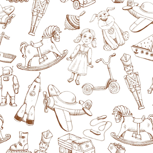 vintage hand drawn toys seamless pattern with doll airplane whirligig rocket