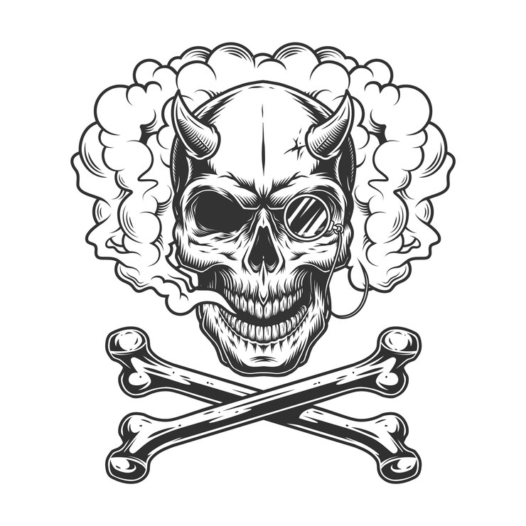 Vector Gratis vintage monochrome demon skull with pince-nez