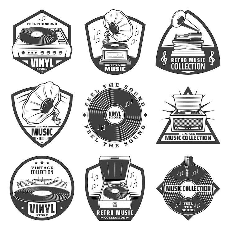 Vector Gratis vintage monochrome gramophone labels set with inscriptions turntable vinyl records phonograph microphone music notes isolated 