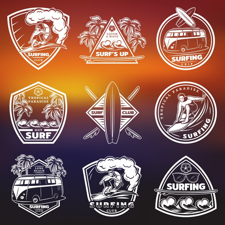 Vector Gratis vintage white surfing labels set
