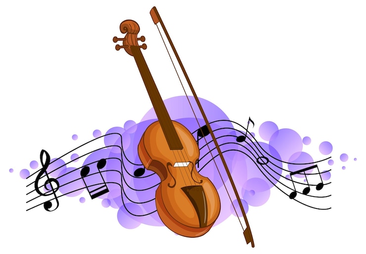 Vector Gratis violin classical music instrument with melody symbols on purple splotch