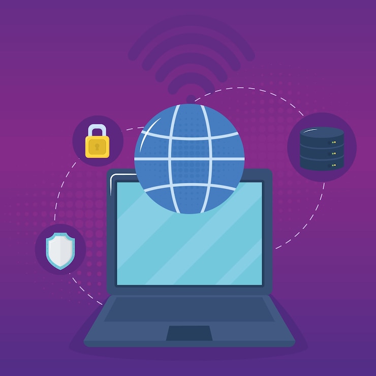 Vector Gratis vpn illustration with laptop computer and related icons around