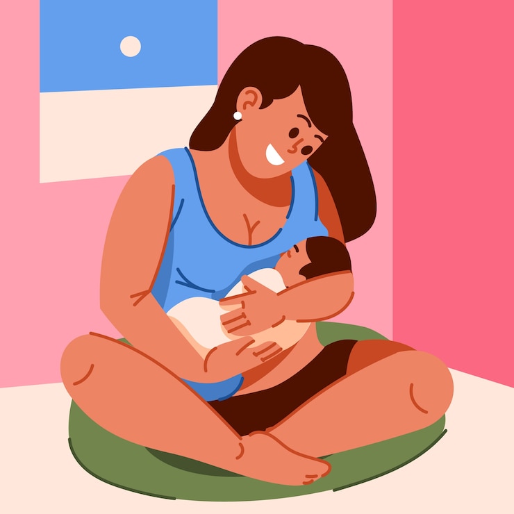 Vector Gratis wanita cantik dengan bayinya menyusui yang diilustrasikan