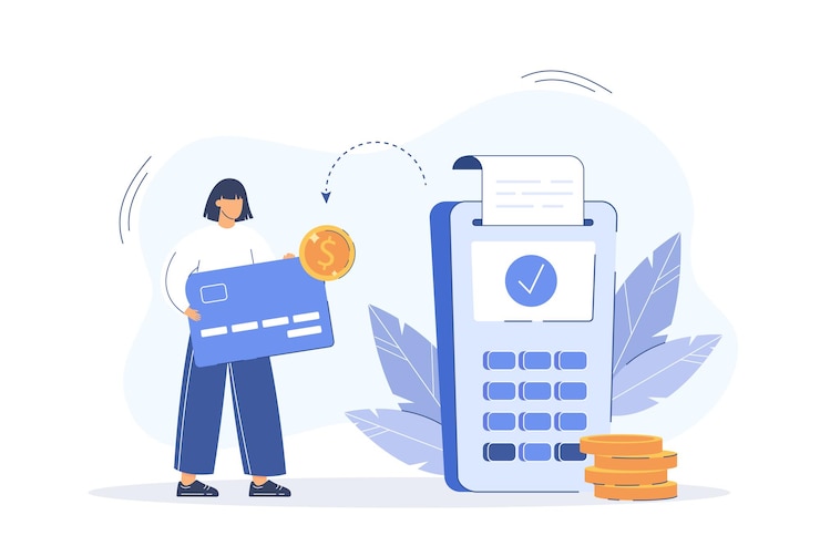 Vector Gratis wanita datar membayar dengan terminal pos dan pengembalian uang tunai