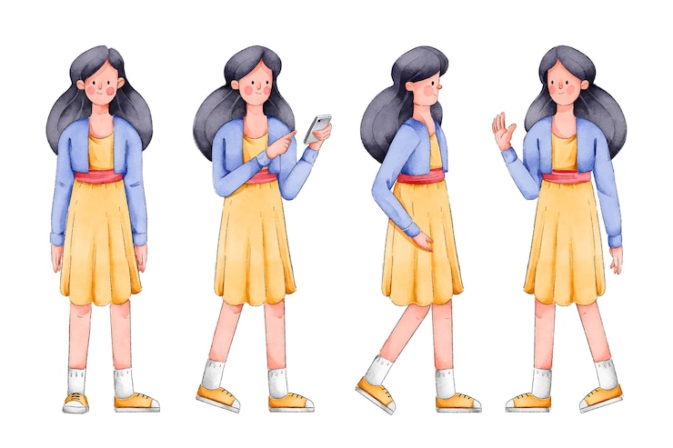 Vector Gratis wanita dengan pose karakter gaun kuning