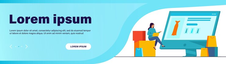 Vector Gratis wanita kecil memilih gaun di toko online melalui laptop. komputer, tas, ilustrasi vektor datar pakaian