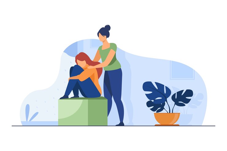 Vector Gratis wanita menghibur teman yang sedang depresi. memberi dukungan kepada teman yang sedang kesal ilustrasi vektor datar. persahabatan, depresi, bantuan