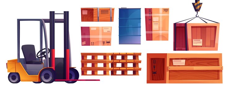 Vector Gratis warehouse interior and storage box with pallet vector set forklift for stockroom cartoon icon delivery goods and product distribution in cardboard parcel for wholesale business clipart collection