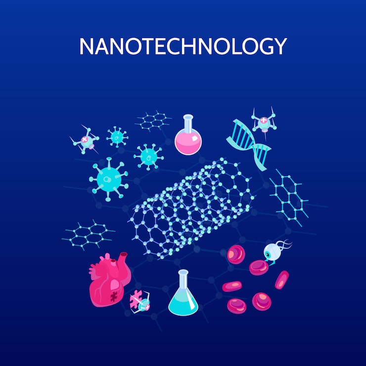 Vector Gratis warna isometrik nanoteknologi dengan simbol sains yang terisolasi