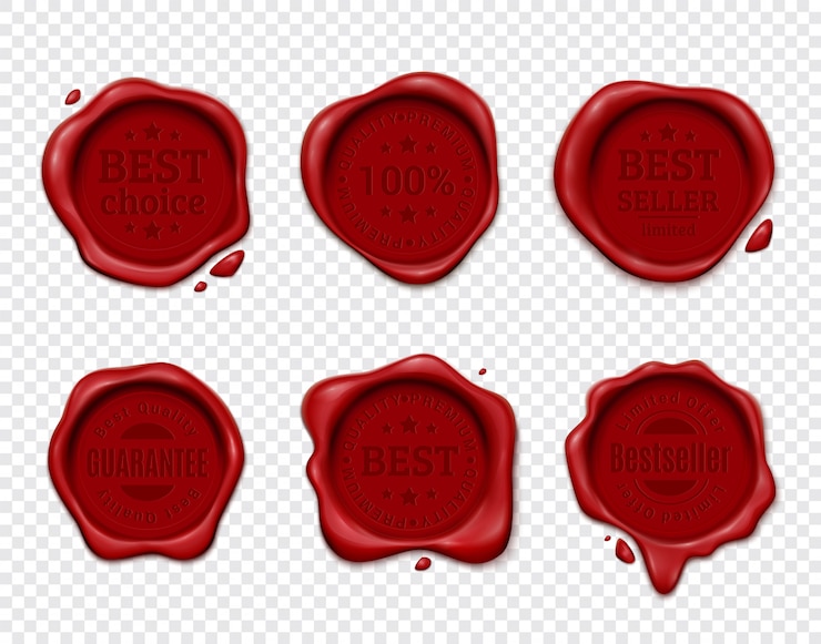 Vector Gratis wax stamp product ad set with six isolated wafers on transparent  with silhouette text emblems