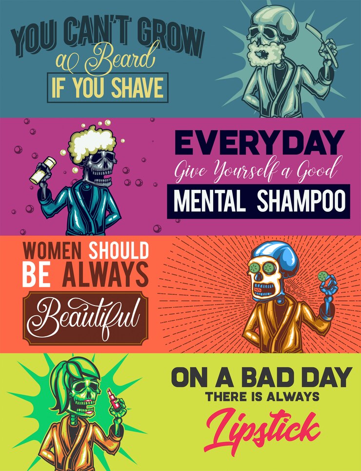 Vector Gratis web banner template with illustrations of shaving, showering, having a mask and lipstic skeletons.