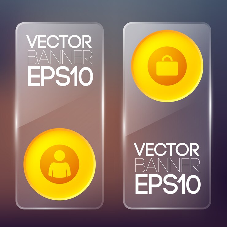 Vector Gratis web glass vertical banners with orange round buttons and business icons isolated