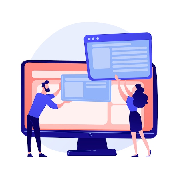 Website interface development planning. Develops team flat characters working. UI, UX, content design. Computer software creation and web development concept illustration