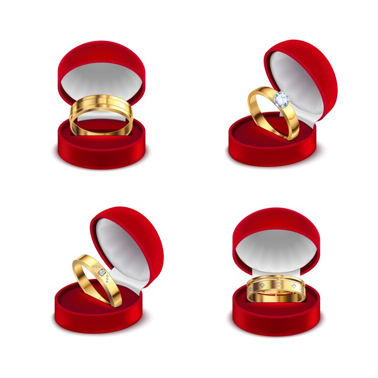 Vector Gratis wedding engagement gold rings in opened red jewelry box case 4 realistic sets white background  illustration