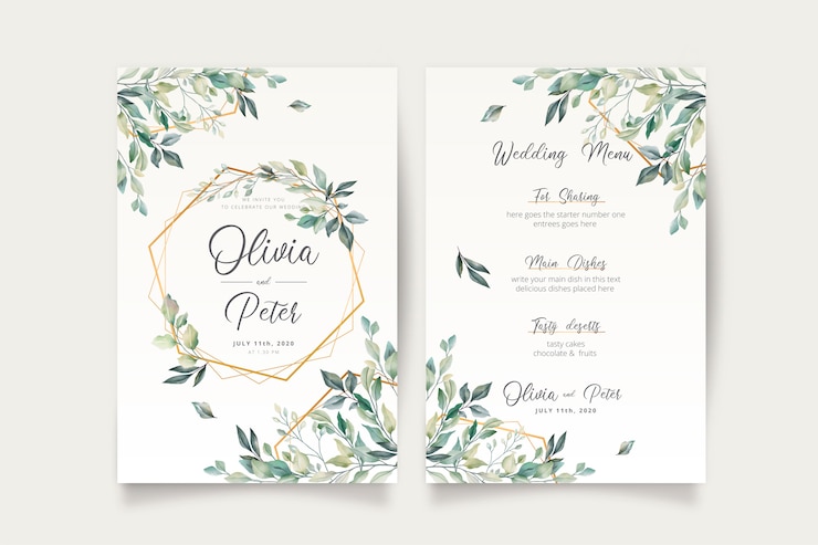 Vector Gratis wedding invitation and menu template with beautiful leaves
