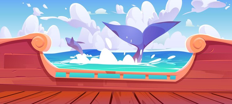 Vector Gratis whale tail splashing in ocean view from ship board