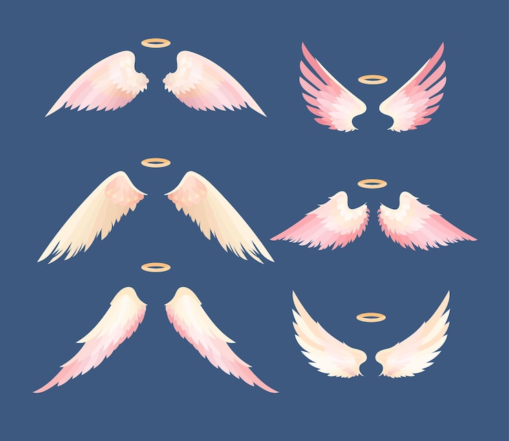 Vector Gratis white angel wings and halo flat vector illustrations set. collection of cartoon drawings with cute wings and gold nimbus isolated on blue background. love, heaven, religion, freedom concept