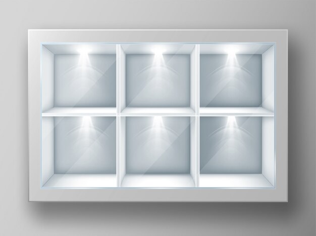 white showcase with square shelves and glass