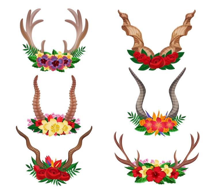 Vector Gratis wild animals dear mountain goat moose ornamental floral horns set decorated with flower arrangements isolated 