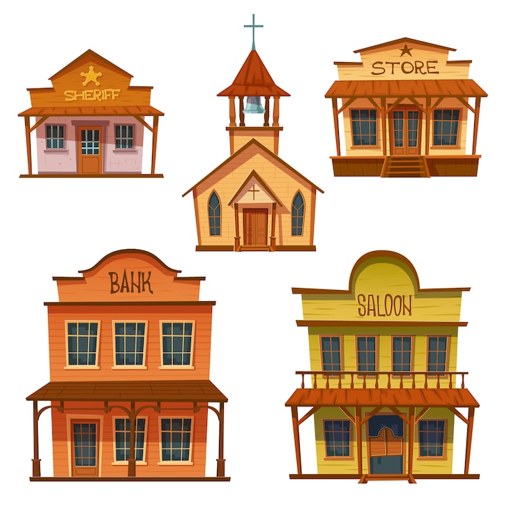 Vector Gratis wild west buildings set, cowboy style design.
