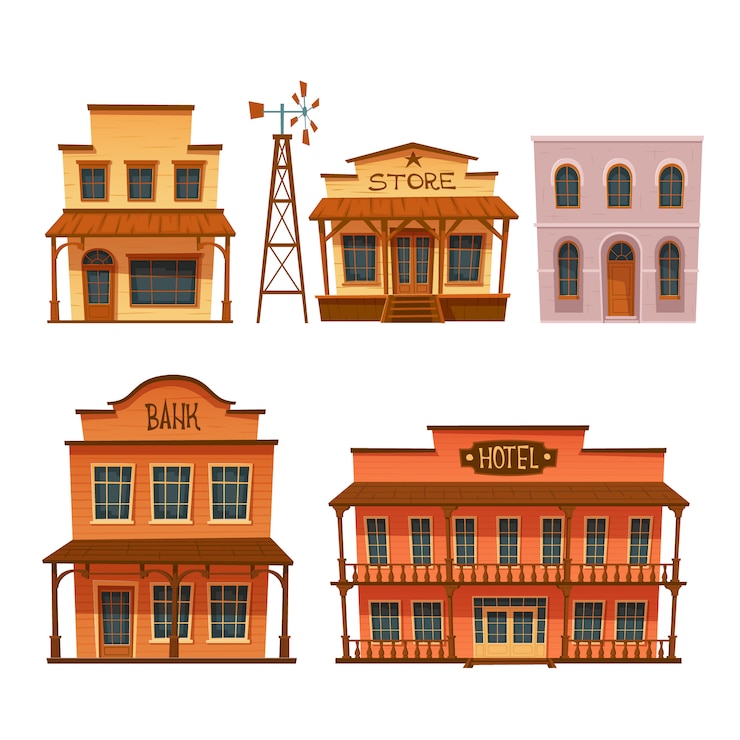 Vector Gratis wild west buildings set, cowboy style design.