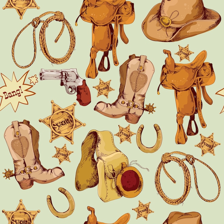 Vector Gratis wild west cowboy berwarna pola mulus yang digambar tangan dengan ilustrasi vektor pelana kuda lasso