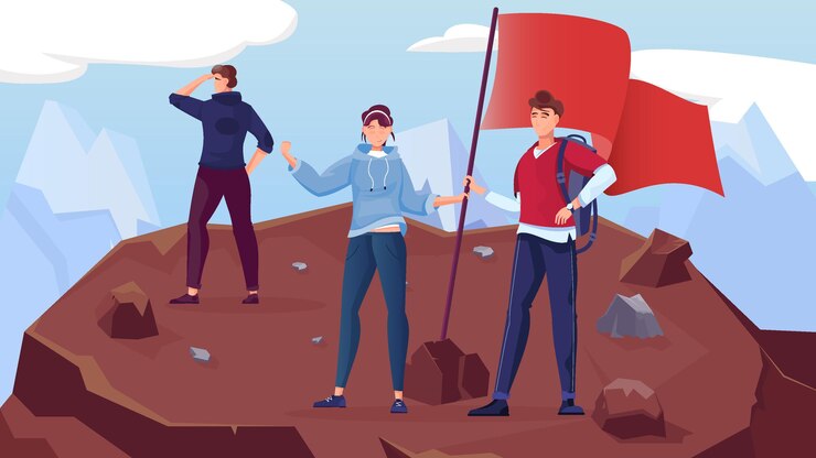 Vector Gratis winner mountain flat composition with highland scenery and doodle style human characters planting flag on peak illustration
