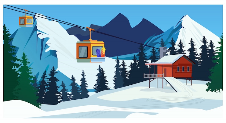 Vector Gratis winter landscape with ropeway station and ski cable cars