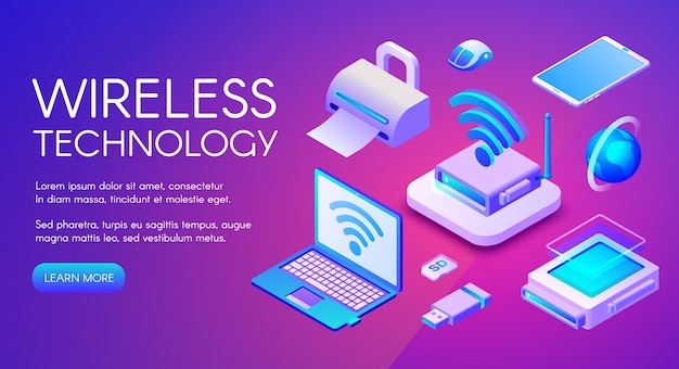 Wireless technology isometric illustration of Wi-Fi, Bluetooth or NFC connection 