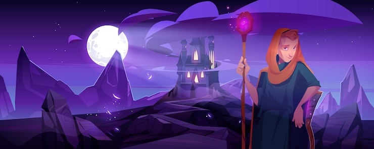 Vector Gratis wizard with magic staff stand at night landscape with fantasy castle under full moon. fairy tale book or game personage, warlock, magician man wear long robe with hood, cartoon vector illustration