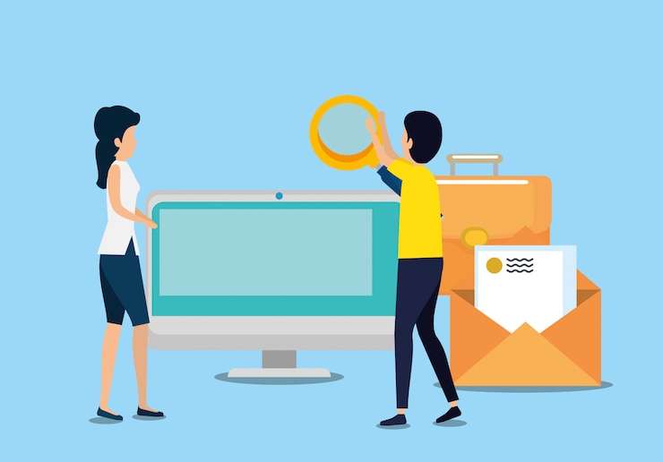 Vector Gratis woman and man with computer and letter message