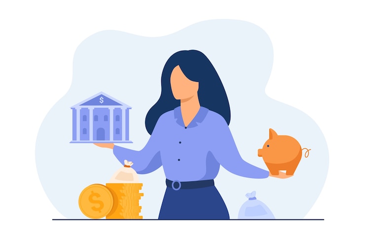 Vector Gratis woman choosing between bank and piggybank, choosing instrument for saving, planning budget or loan.