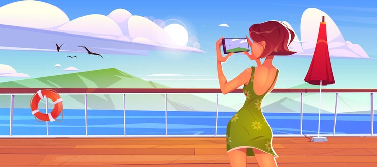 Vector Gratis woman on cruise liner deck shoot seascape view
