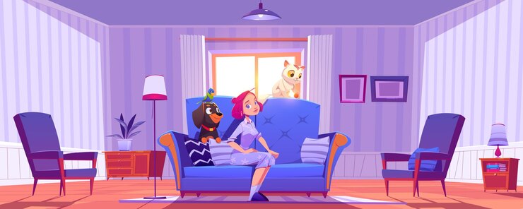 Vector Gratis woman sit on couch with home pets