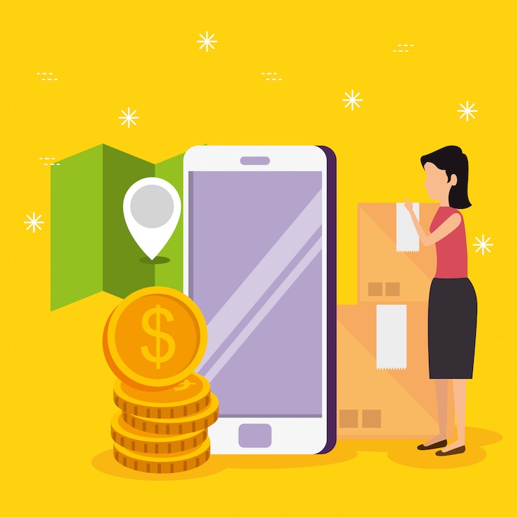 Vector Gratis woman with smartphone ecommerce technology and location