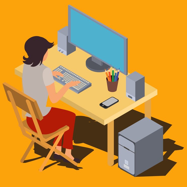 Vector Gratis woman working on computer at desk isometric vector
