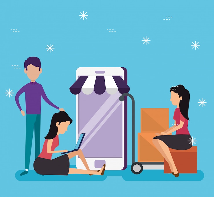 Vector Gratis women and men shopping online with smartphone technology