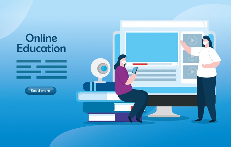 Vector Gratis women in education online with computer illustration design
