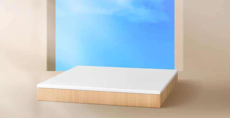 Vector Gratis wooden product podium with sky outside window