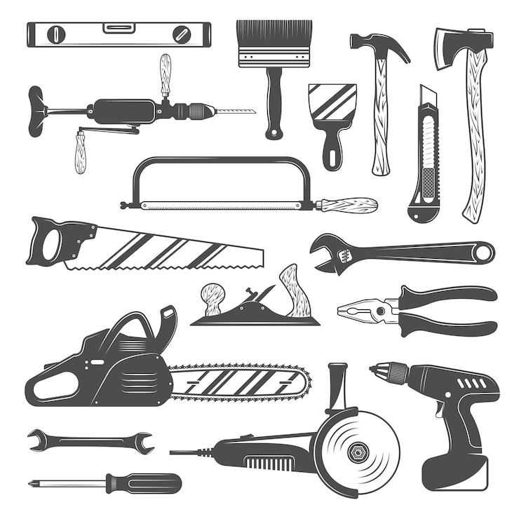 Vector Gratis work tools monochrome set
