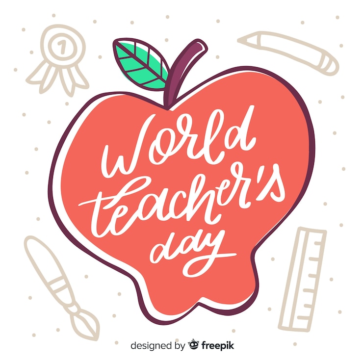 Vector Gratis world teachers' day lettering with drawn apple