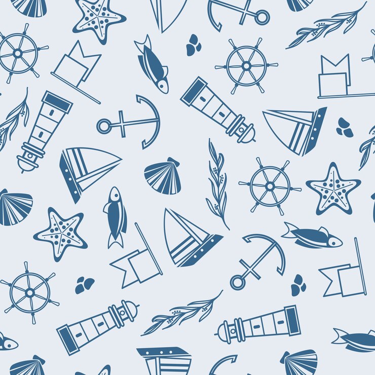 Vector Gratis yachting  seamless pattern with many maritime elements such as coquille, seaweed, stones on the blue 