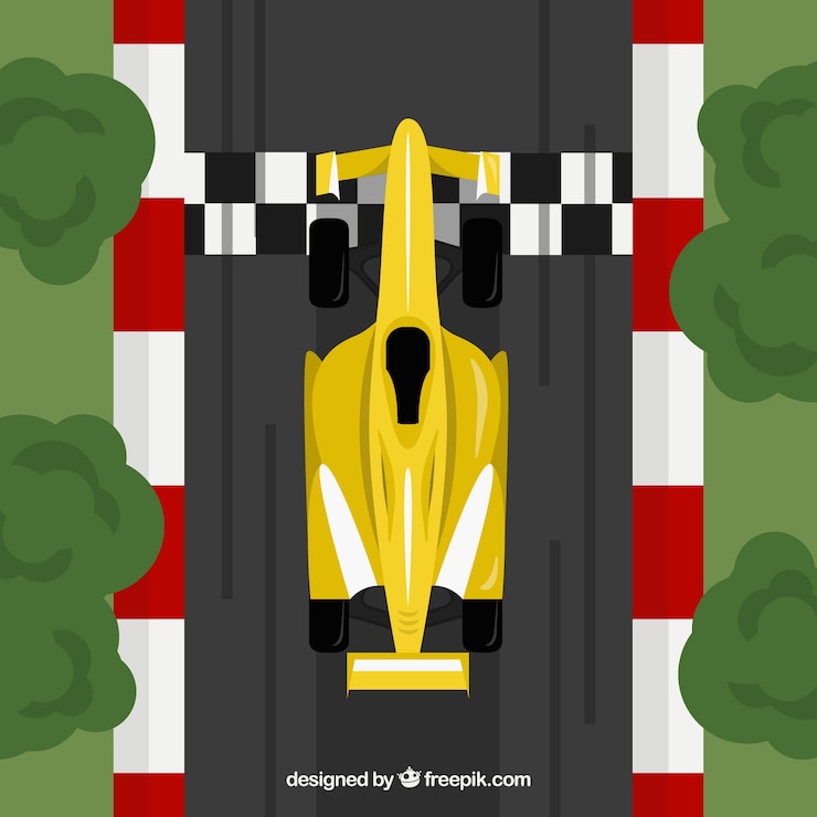 Vector Gratis yellow f1 racing car crosses finish line