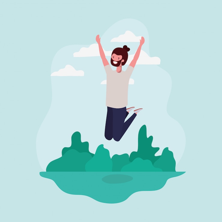 Vector Gratis young man with beard jumping in the park character